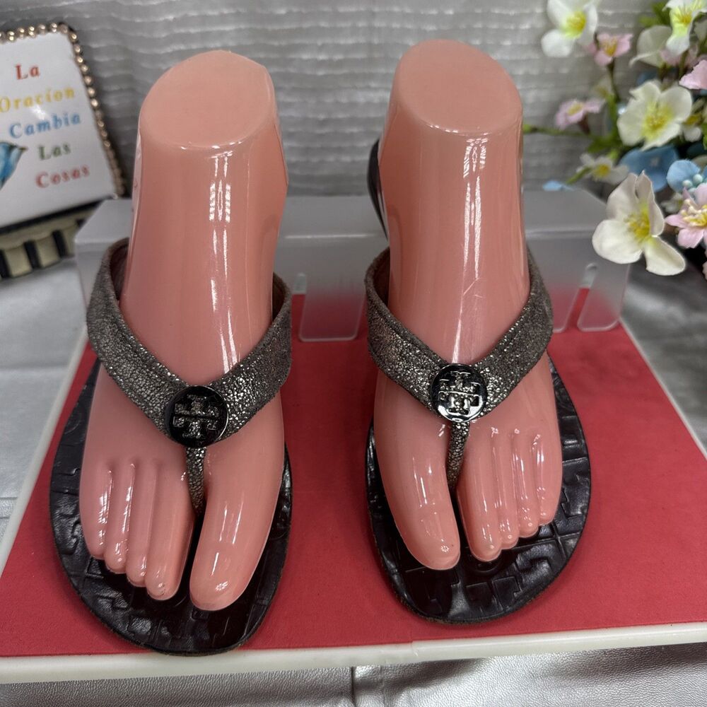 (S1)Tory Burch Thora Leather Thong Flip Flop Brown Metallic Print Size 9M